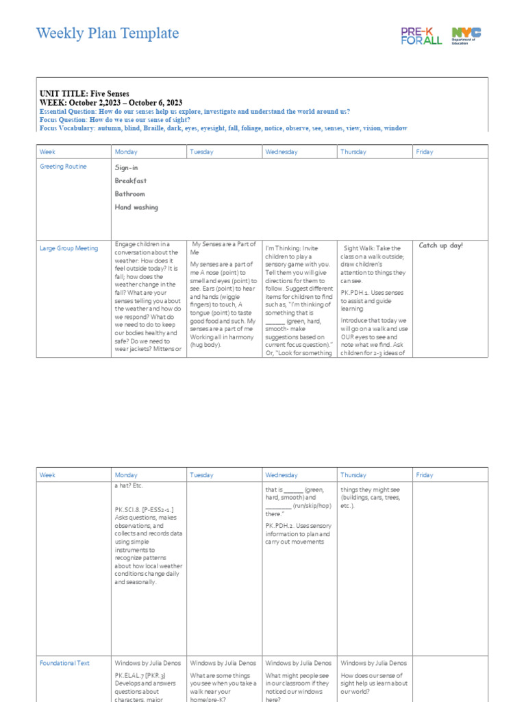 Pre-K Sensory Learning Plan | PDF | Senses | Experience