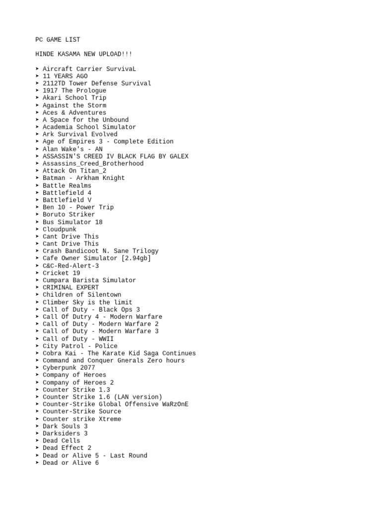 PC Game List PDF
