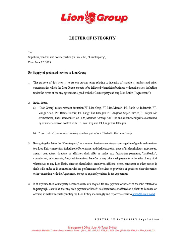 Lion Group Supplier Integrity Letter | PDF