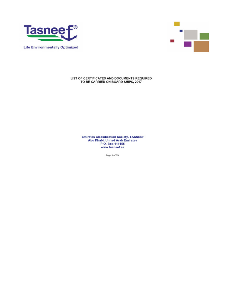 List of certificates and documents required to be carried on board
