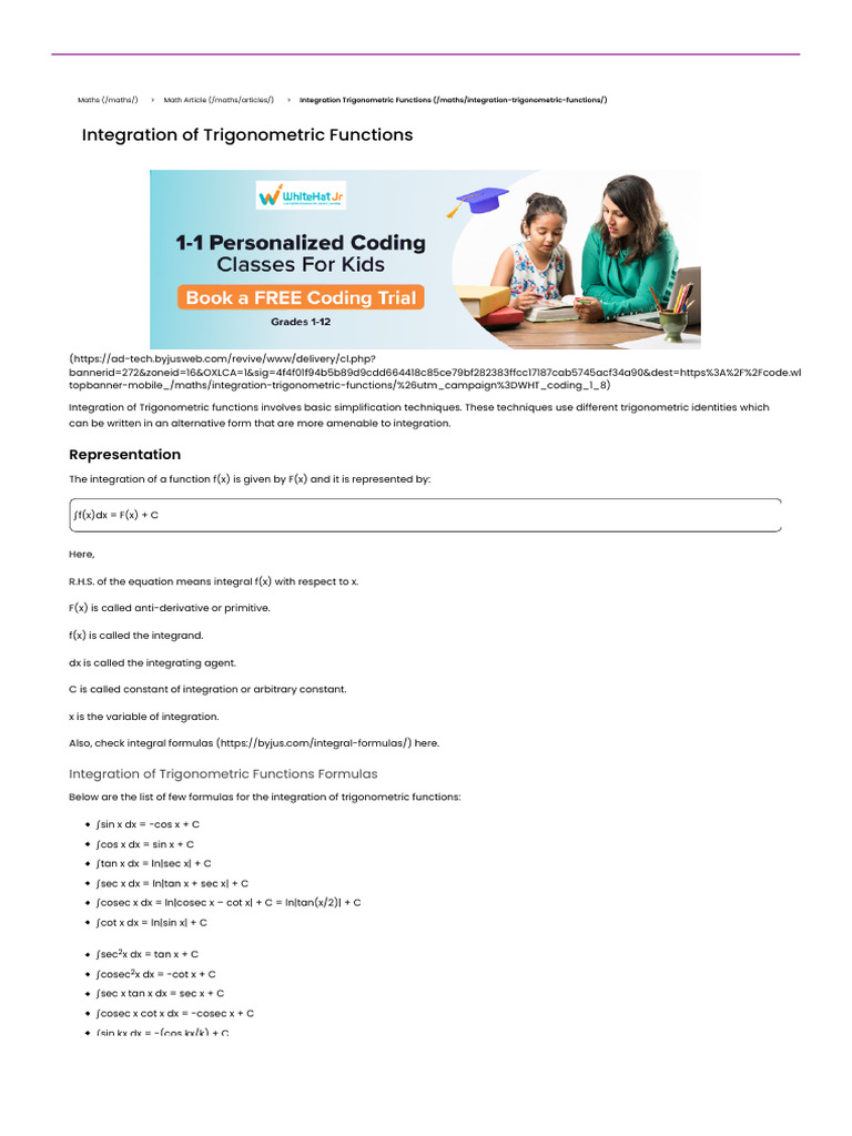 Integration of Trigonometric Functions - Formulas, Solved Examples ...