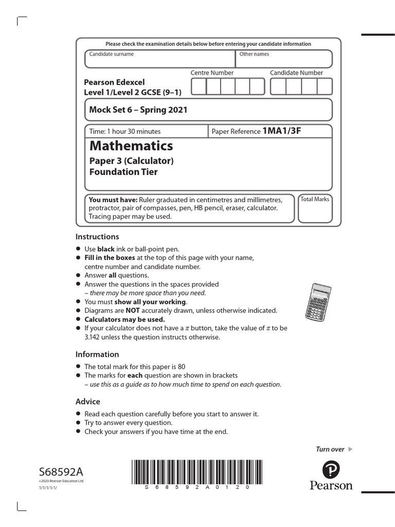 Edexcel GCSE Maths Mock Set 6 2021 | PDF | Mathematics