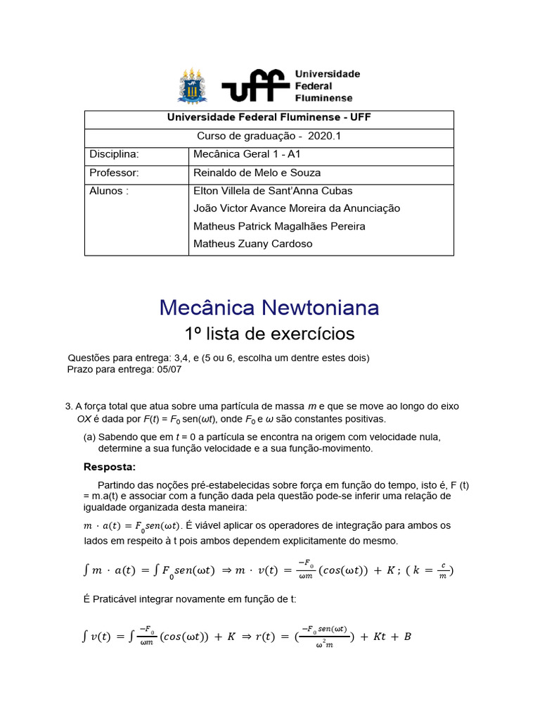Exercícios de Mecânica Geral 1 - UFF | PDF | Massa | Física