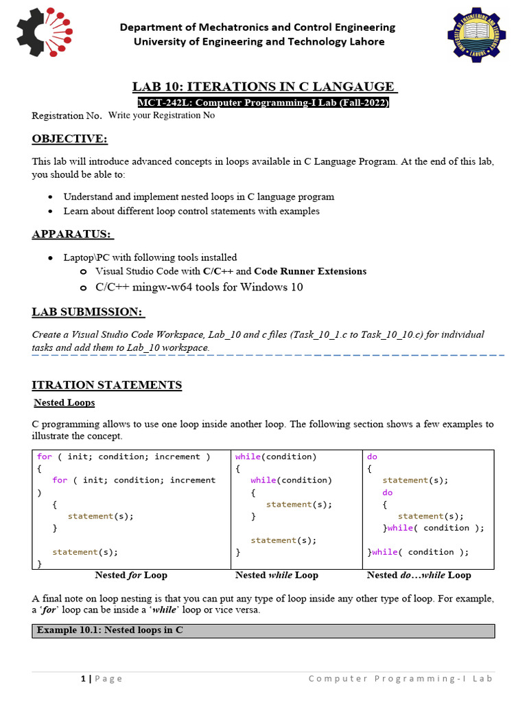 MCT-242L CP (Fall2022) - Lab 10 - More Iteration Statements in C | PDF ...