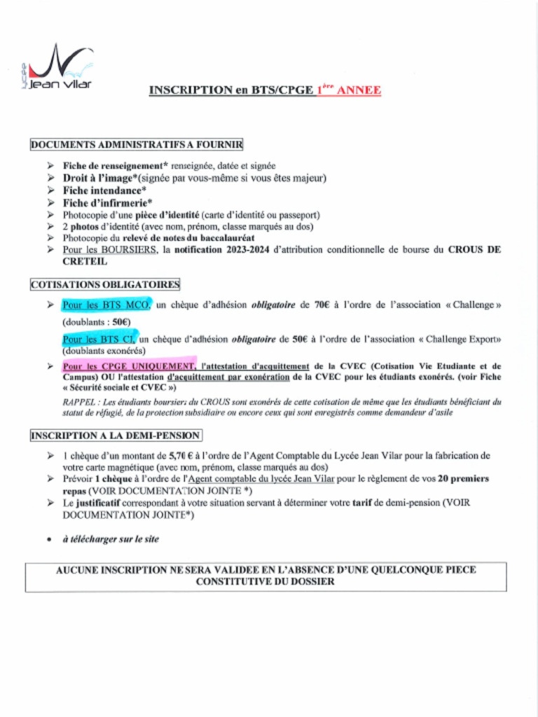 Dossier Inscription 1ere Annee | PDF