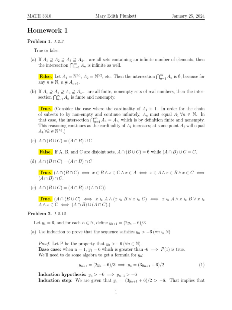 Hw 1 math 3310 pdf empty set intersection set theory 