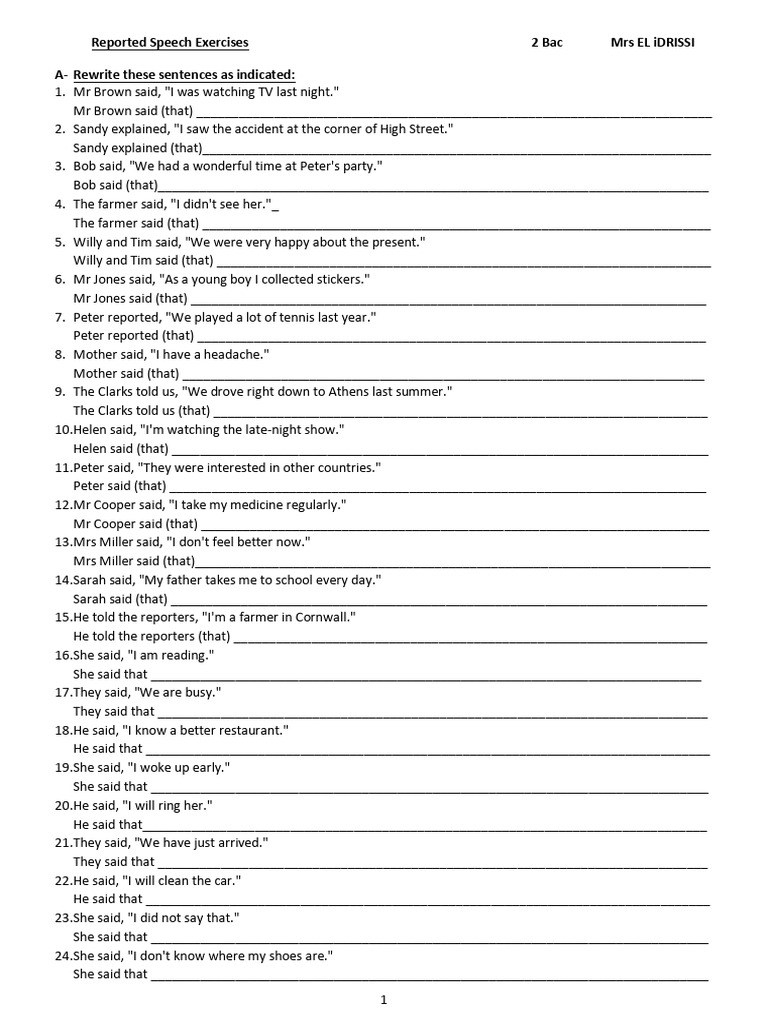 Reported Speech Exercises for 2 Bac | PDF