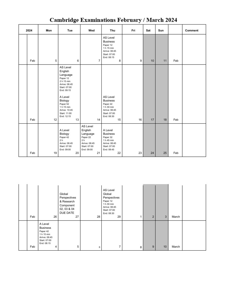 Cambridge Exam Schedule Feb-Mar 2024 | PDF | Qualifications | Student ...