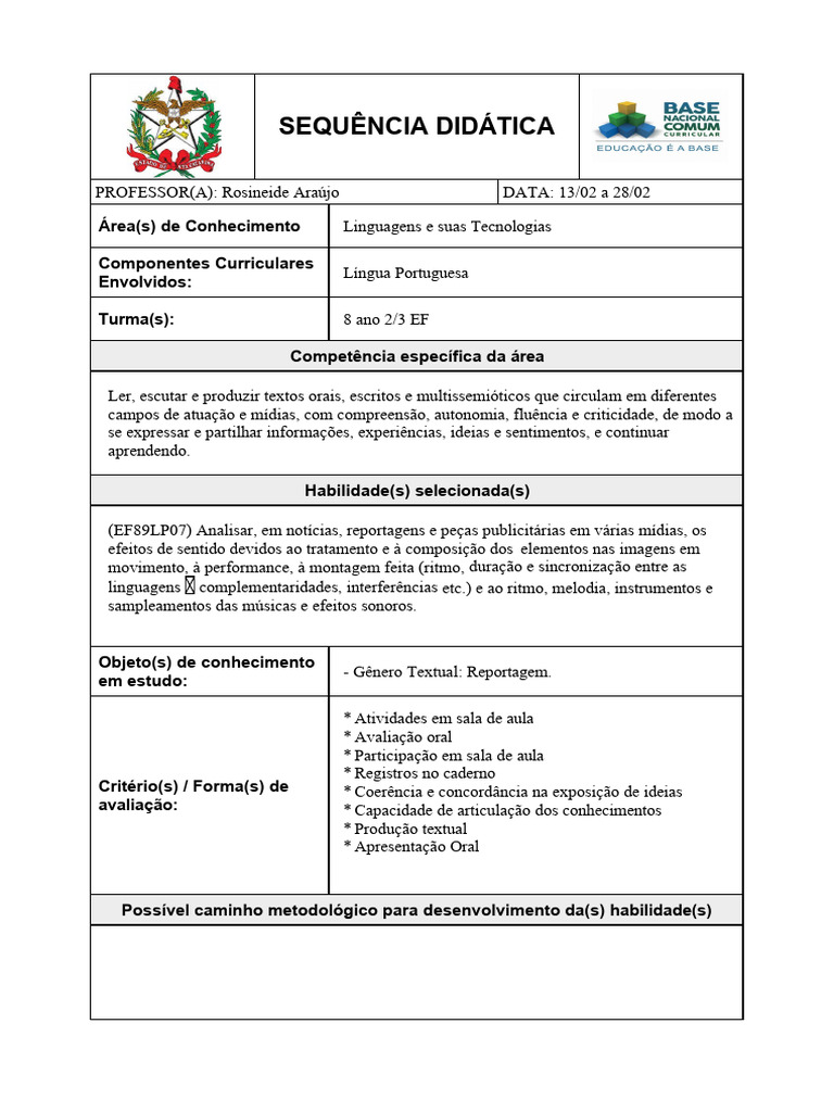Plano de Aula: Reportagem 8º Ano | PDF | Carreira e Crescimento | Arte