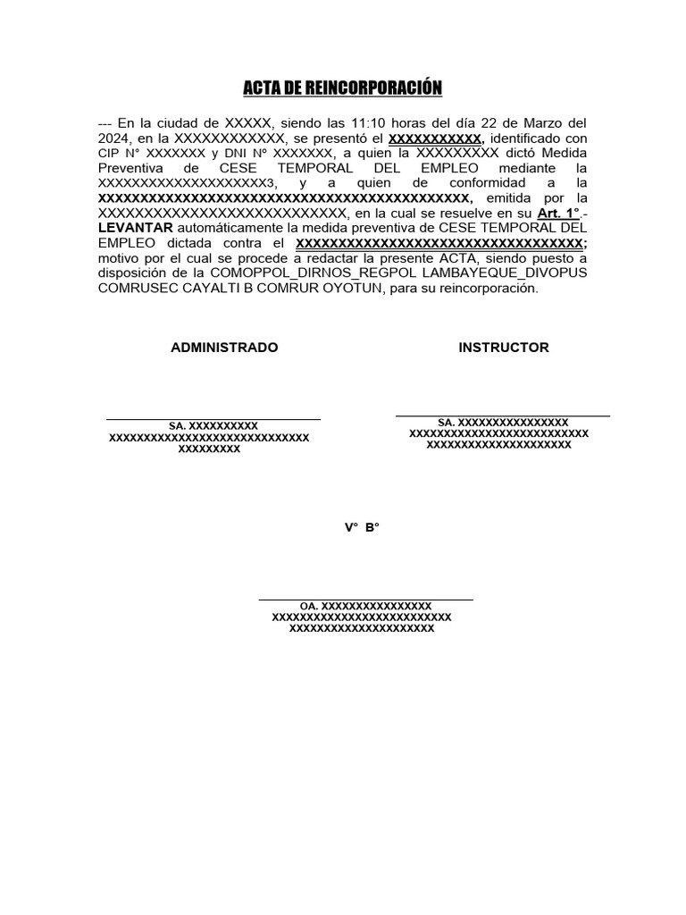 Acta de Reincorporación Laboral | PDF
