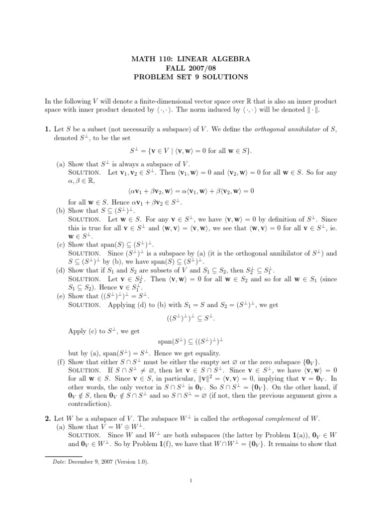 Linear Algebra Problem Set 9 Solutions | PDF | Linear Subspace ...