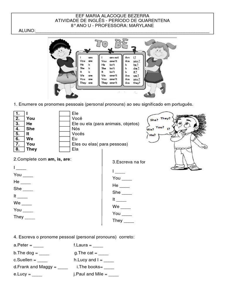 Atividades sobre Pronomes Pessoais em Inglês | PDF