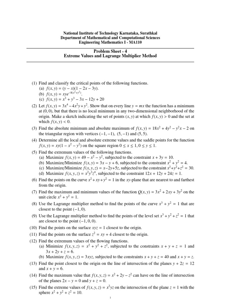 Extreme Values and Lagrange Multipliers | PDF | Applied Mathematics ...
