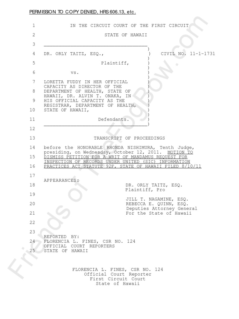 TAITZ V FUDDY (HI CIR CT) CERTIFIED TRANSCRIPT OF HEARING 10-12-11 ...