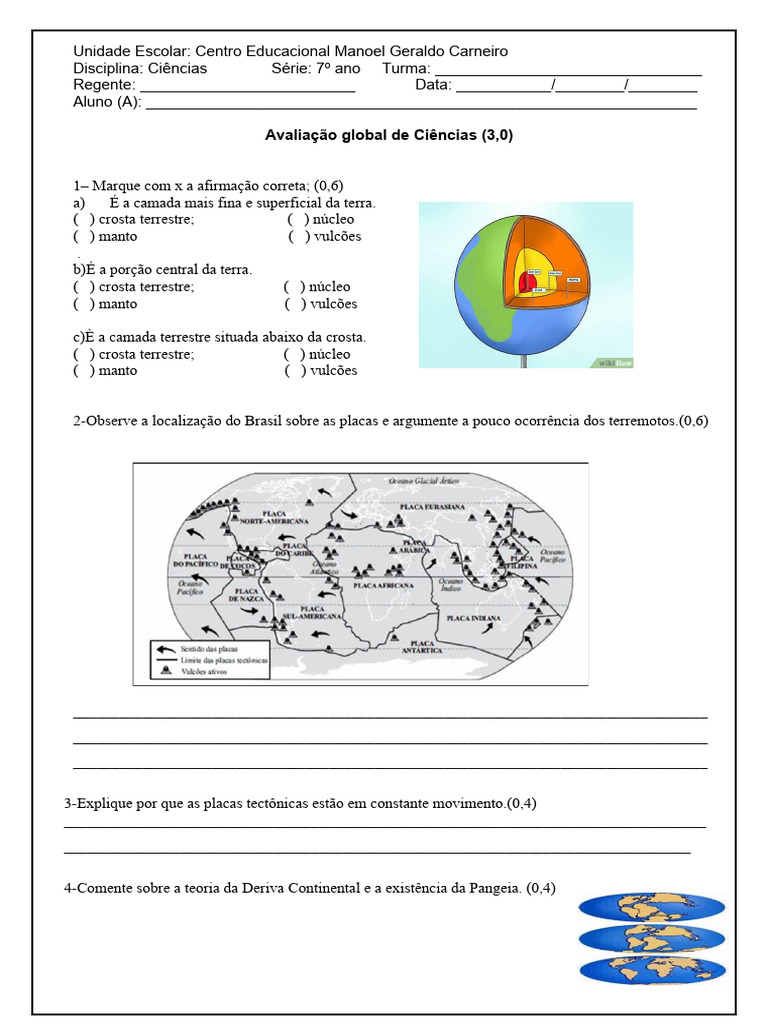 Avaliação Final Camadas Da Terra Pdf Placas Tectônicas Terra