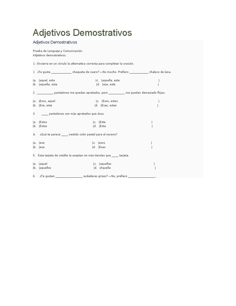 Ejercicios de Adjetivos Demostrativos | PDF | Artes del Lenguaje y ...