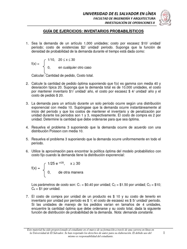Guía de Ejercicios Modelos de Inventarios Probabilisticos | PDF ...