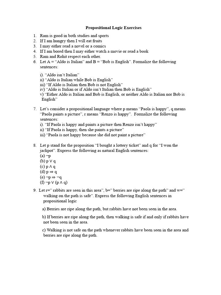 Exercises On Propositional Logic | PDF