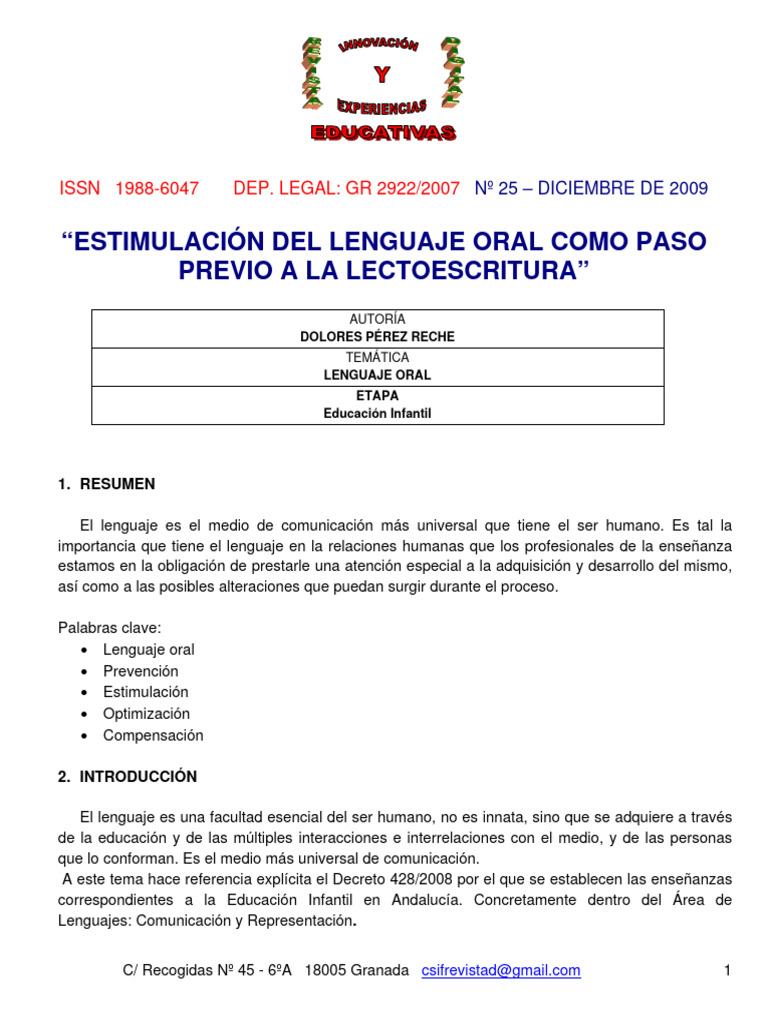 Estimulación del Lenguaje Oral en Niños | PDF | Aquisición de idioma ...