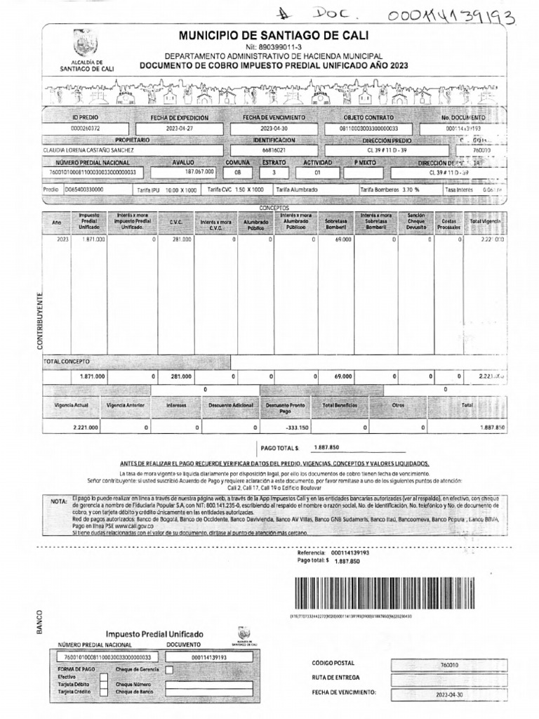 Impuesto Predial Unificado 2023 Cali | PDF | Bancos | Bancario