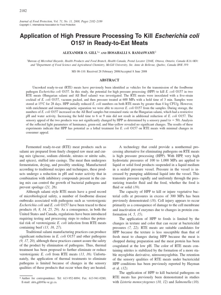 Application of High Pressure Processing To Kill Escherichia Coli O157