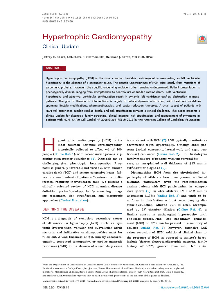 Hypertrophic Cardiomyopathy Clinical Update Pdf Clinical Medicine