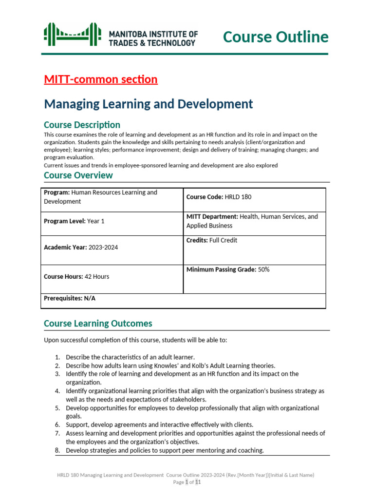 HRLD 180 Course Outline 2023-2024 | PDF | Lecture | Learning