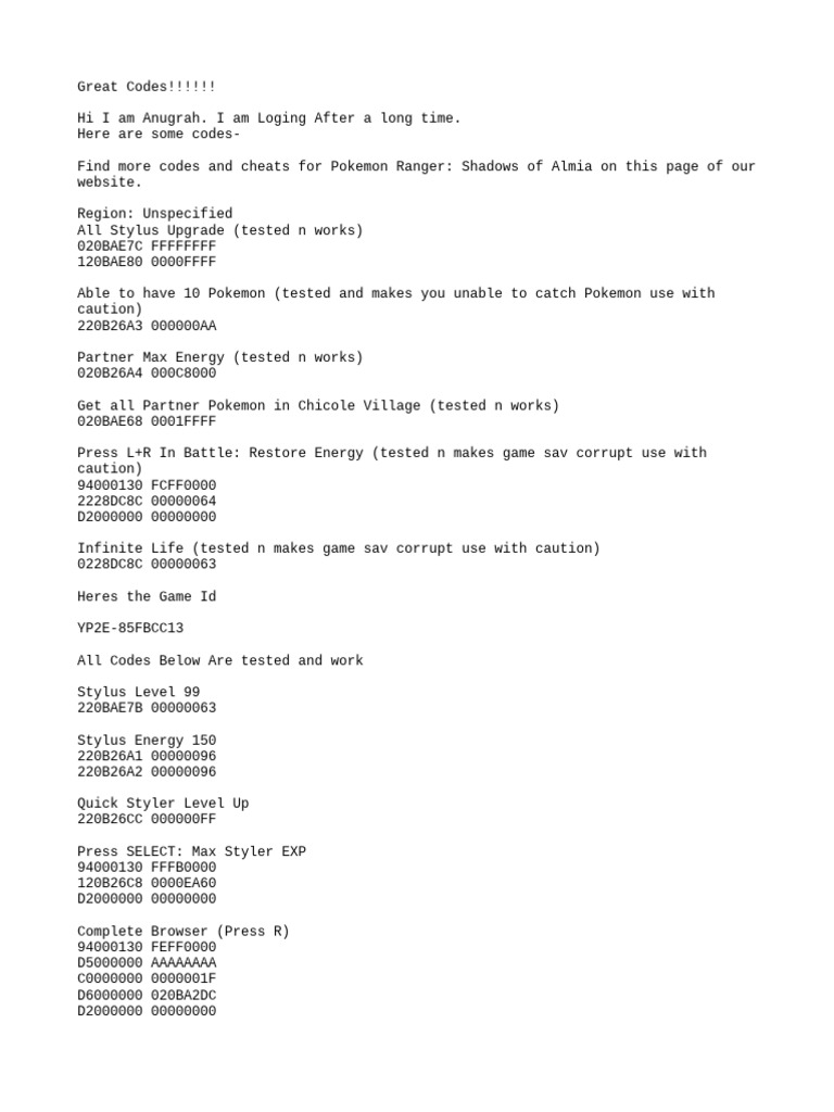 Action Replay Code For Pokemon Ranger Shadows of Almia PDF Gaming Nintendo