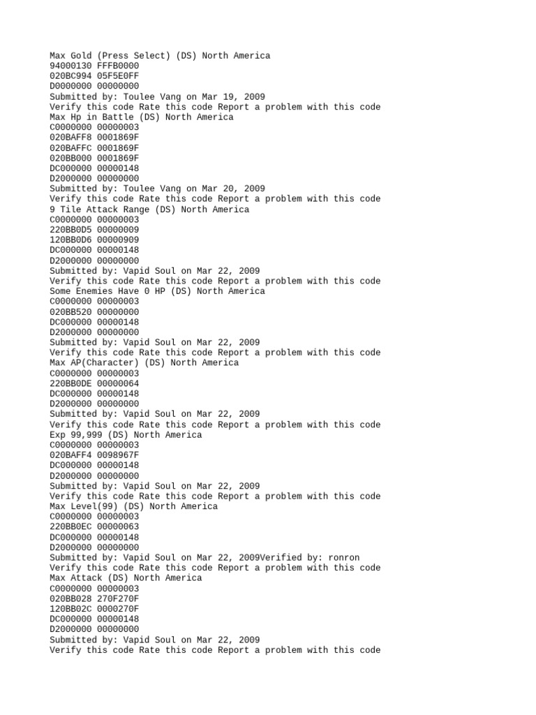 Cheat Codes for DS Games | PDF