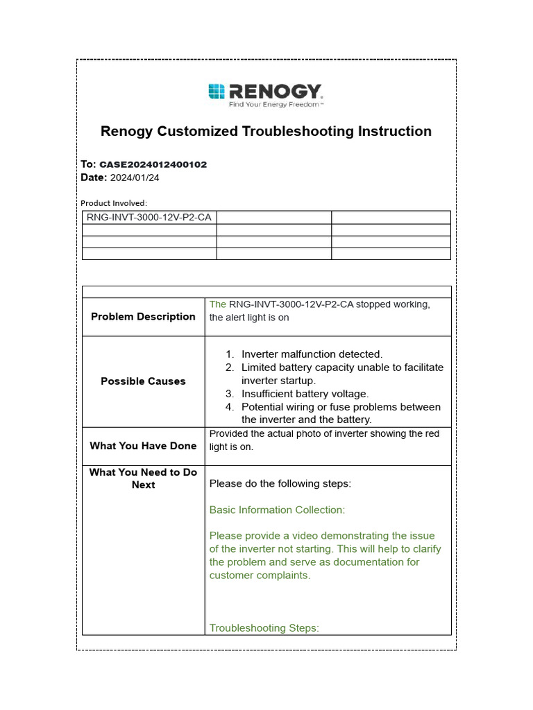 Renogy Customized Troubleshooting Instruction Inverter PDF Power