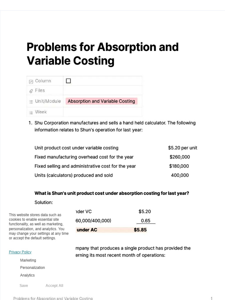 PDF Problems For Absorption and Variable Costing - Compress | PDF