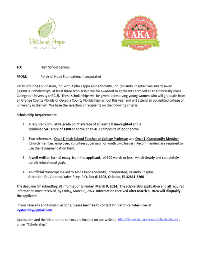 Petals of Hope Foundation Scholarship Application 2024 PDF