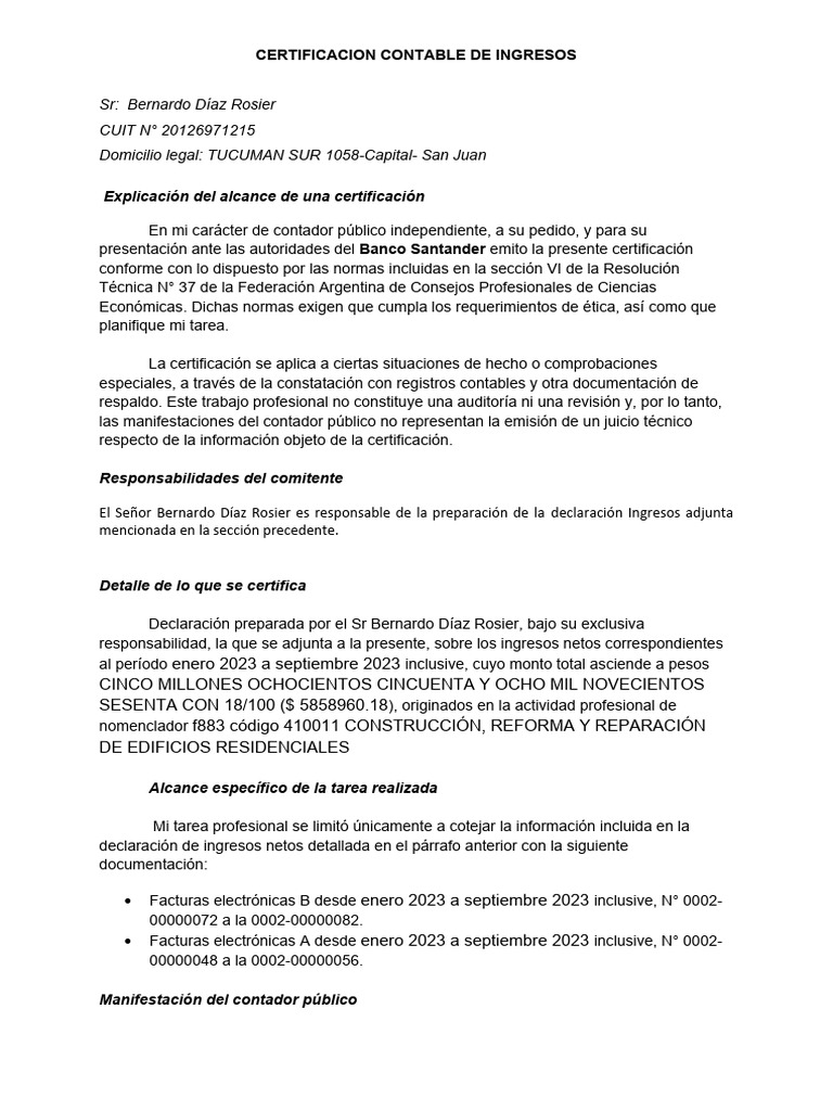 Certificacion de Ingresos | PDF | Contador