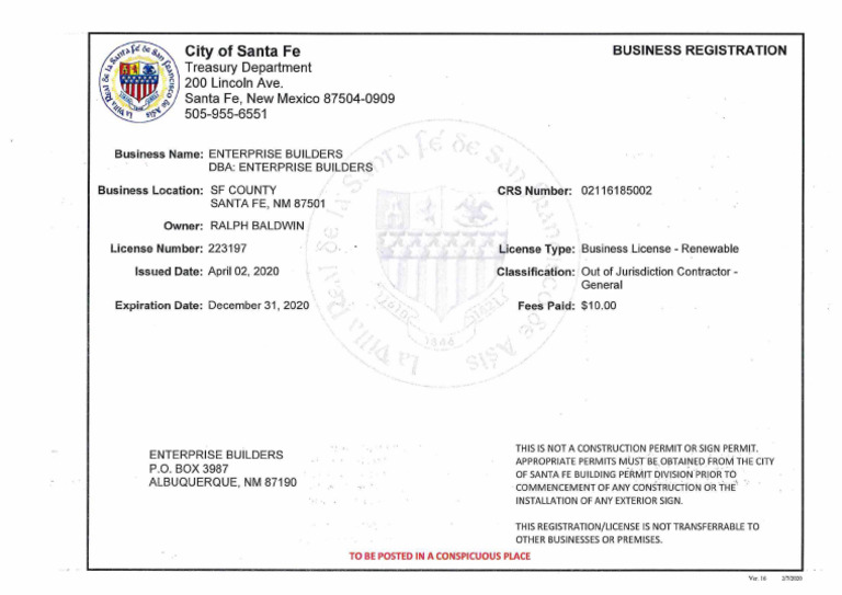 Santa Fe Business License for Enterprise Builders PDF
