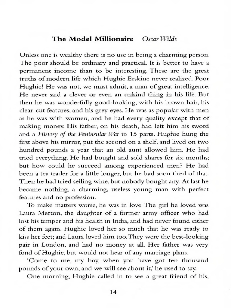 What Is The Central Theme Or Message Conveyed By Oscar Wilde Story The Model Millionaire