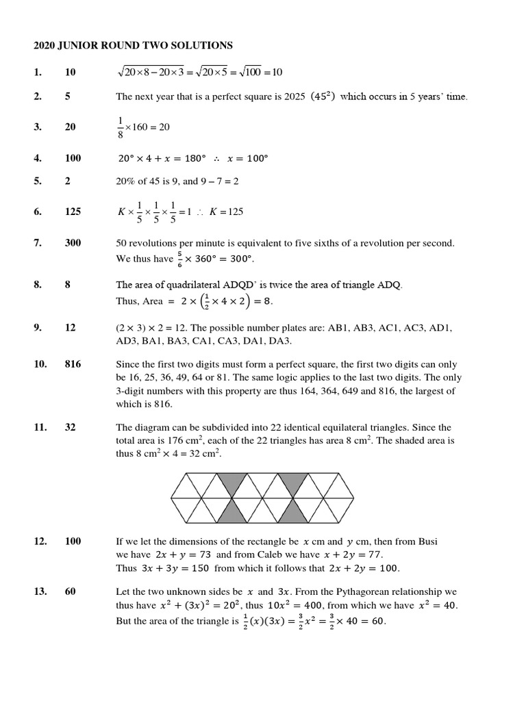 2020 Junior Round Two Solutions 1. 10 2. 5 | PDF | Area | Triangle