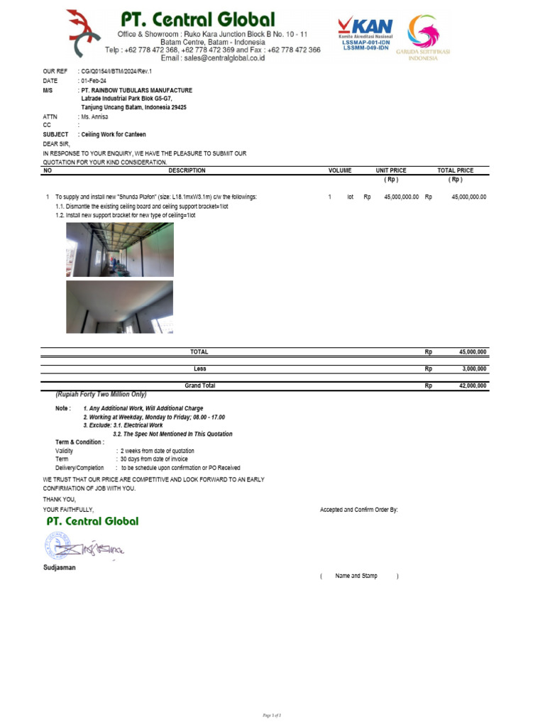 Quotation for Canteen Ceiling Work | PDF