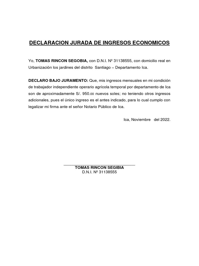Declaración Jurada de Ingresos Ica | PDF