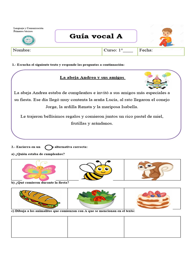 Actividades de Lenguaje con Vocal A | PDF | Artes del Lenguaje y ...
