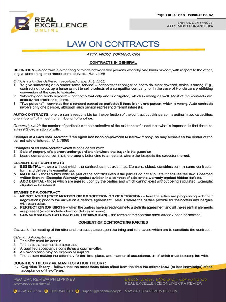 Law On Obligation and Contracts | PDF | Misrepresentation | Business Law