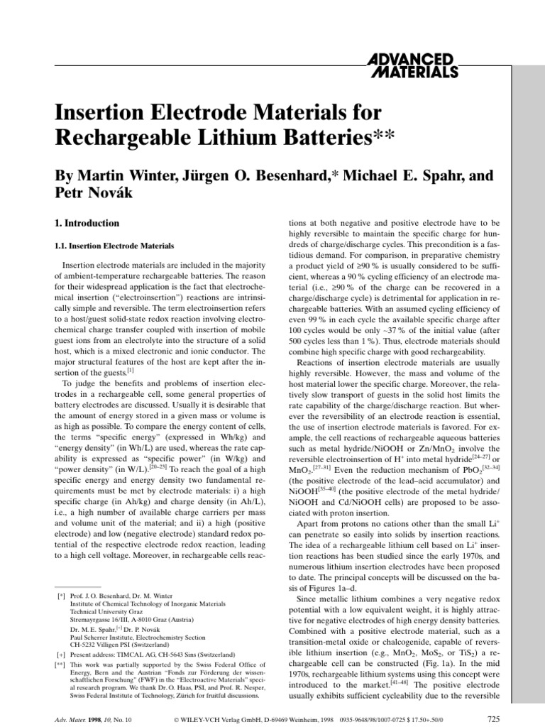 1998 Winter - Insertion Electrode Materials For | PDF