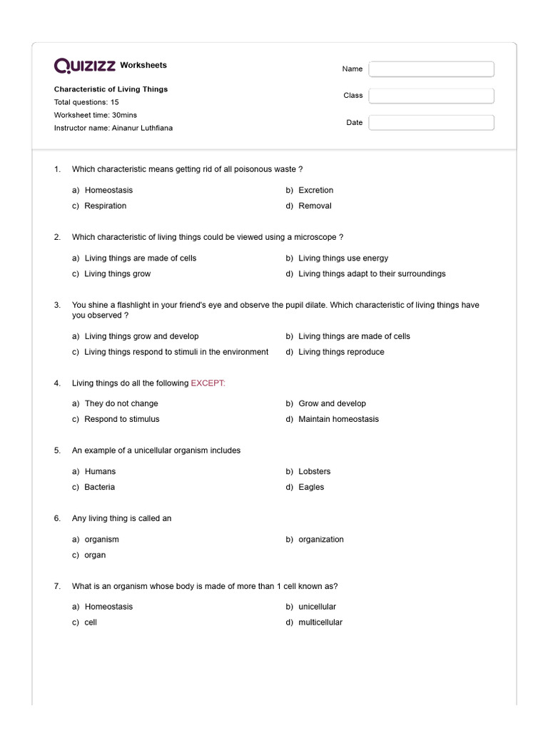 Characteristic of Living Things - Quizizz | PDF | Organisms | Cell ...