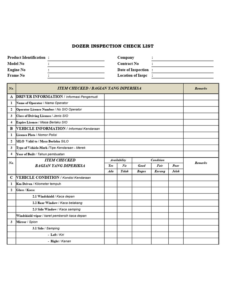 Daftar Periksa Inspeksi Dozer | PDF