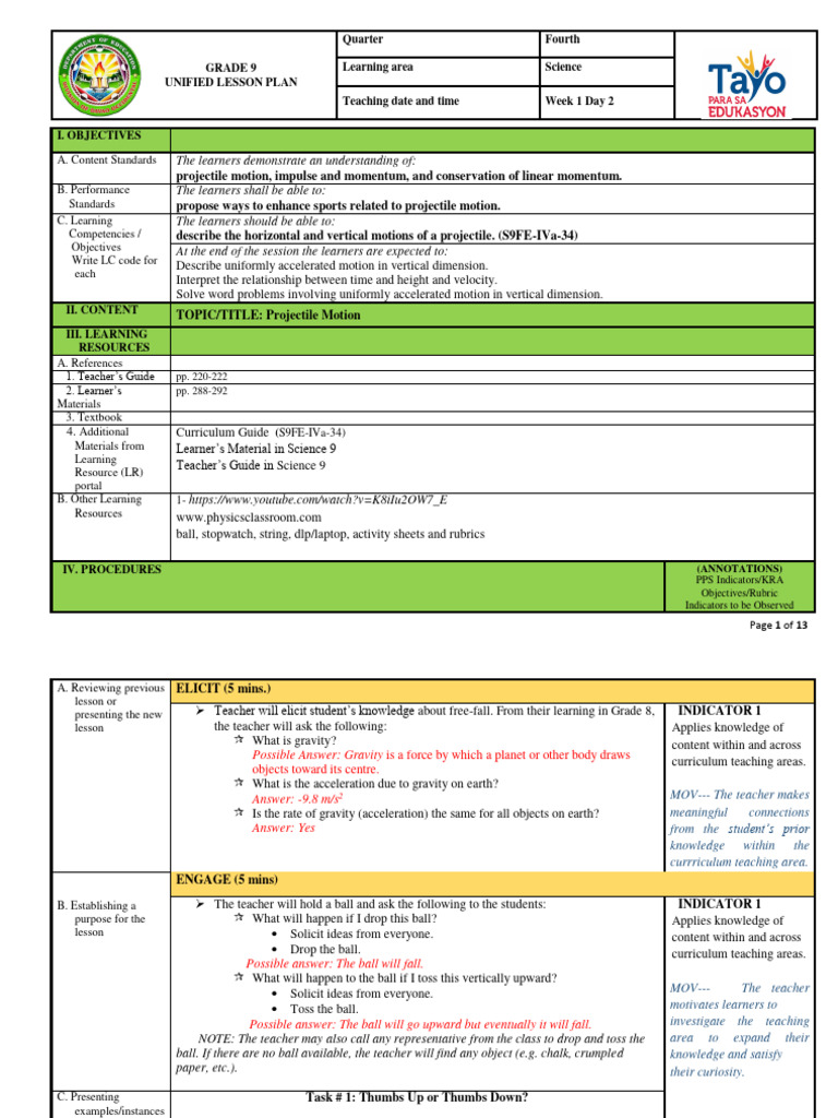 Grade 9 Science: Projectile Motion Plan | PDF | Force | Learning