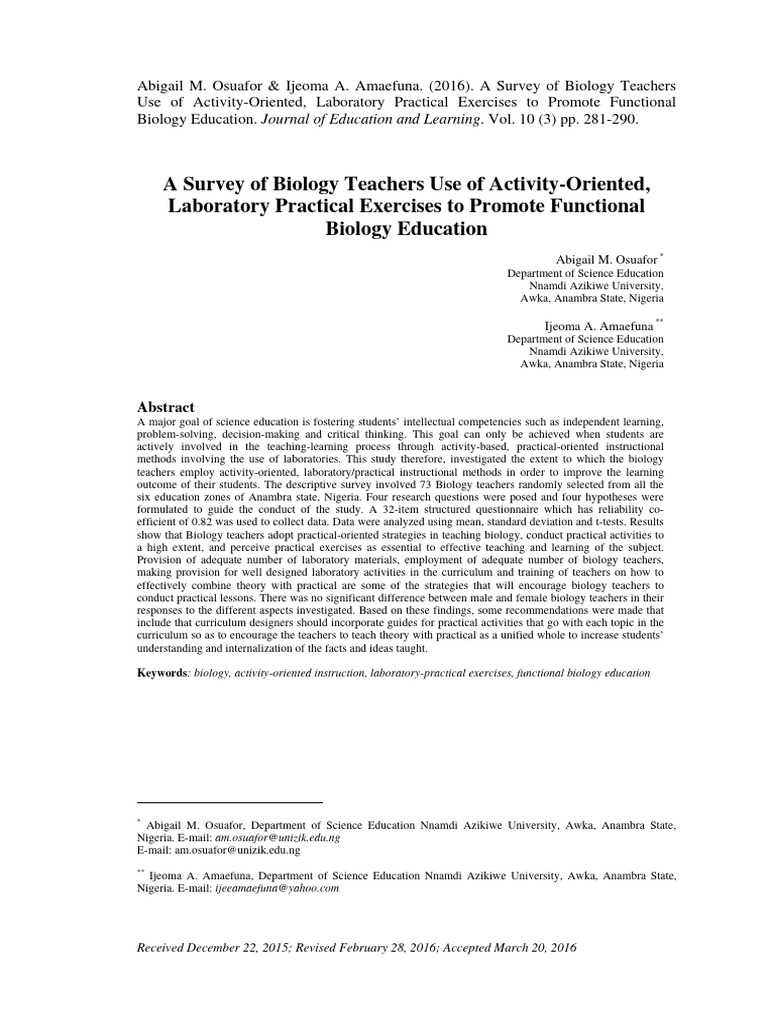 A survey of biology teachers use of activity oriented laboratory