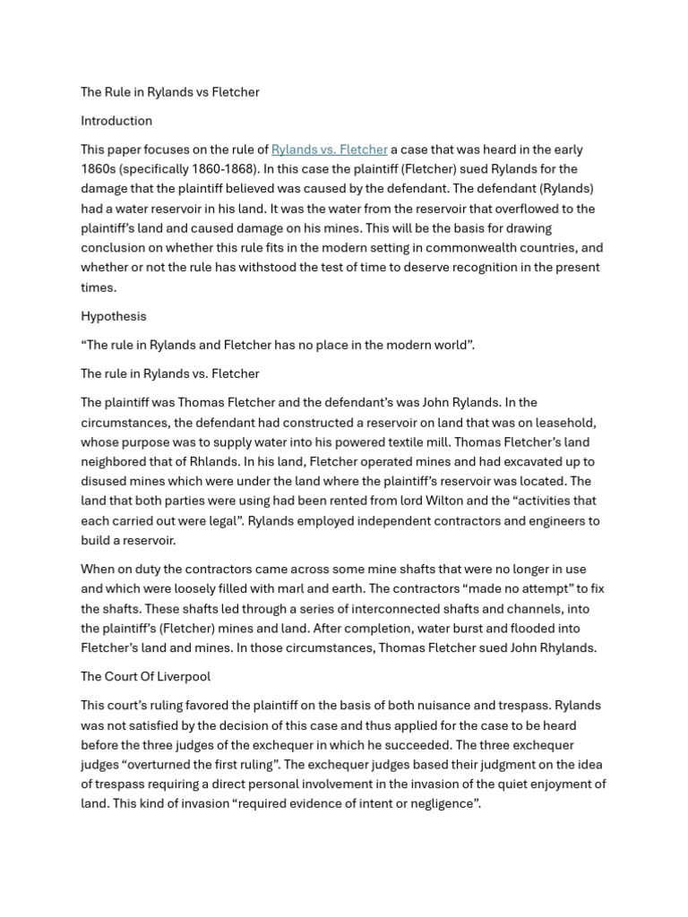 The Rule in Rylands Vs Fletcher | PDF | Negligence | Tort