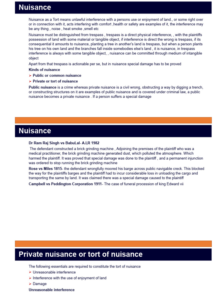 Nuisance Tort Notes Pdf Nuisance Trespass