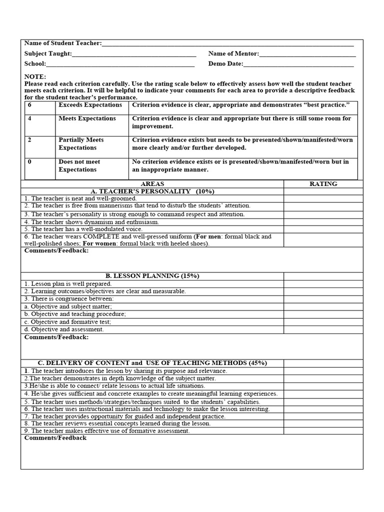 Student Teacher Evaluation Criteria | PDF | Teachers | Cognitive Psychology