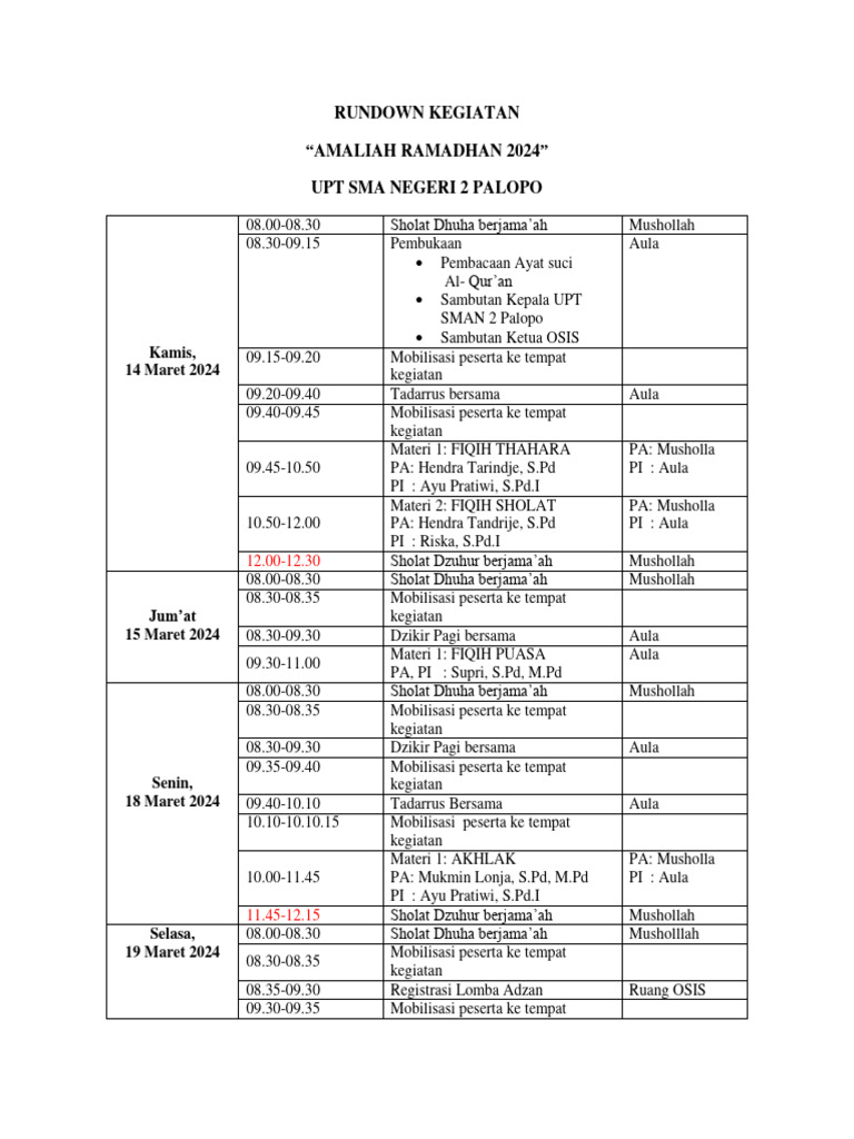 Rundown Kegiatan Amaliah Ramadhan 1 Pdf