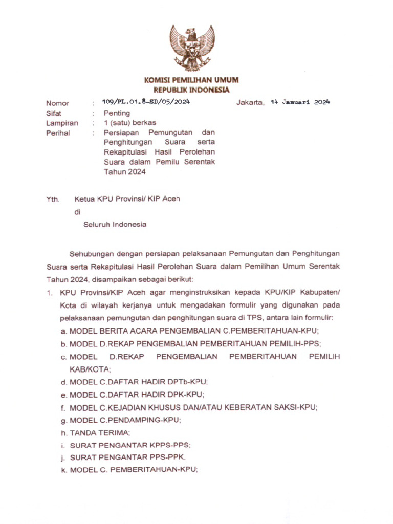 109 SD Ketua Ke Ketua KPU Provinsi KIP Aceh, Persiapan Pemungutan Dan ...